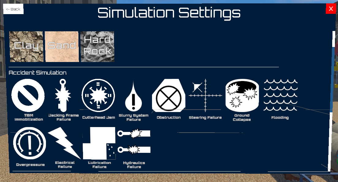 AVN 1200 Simulation Settings showing soil strata selection and failure mode triggers